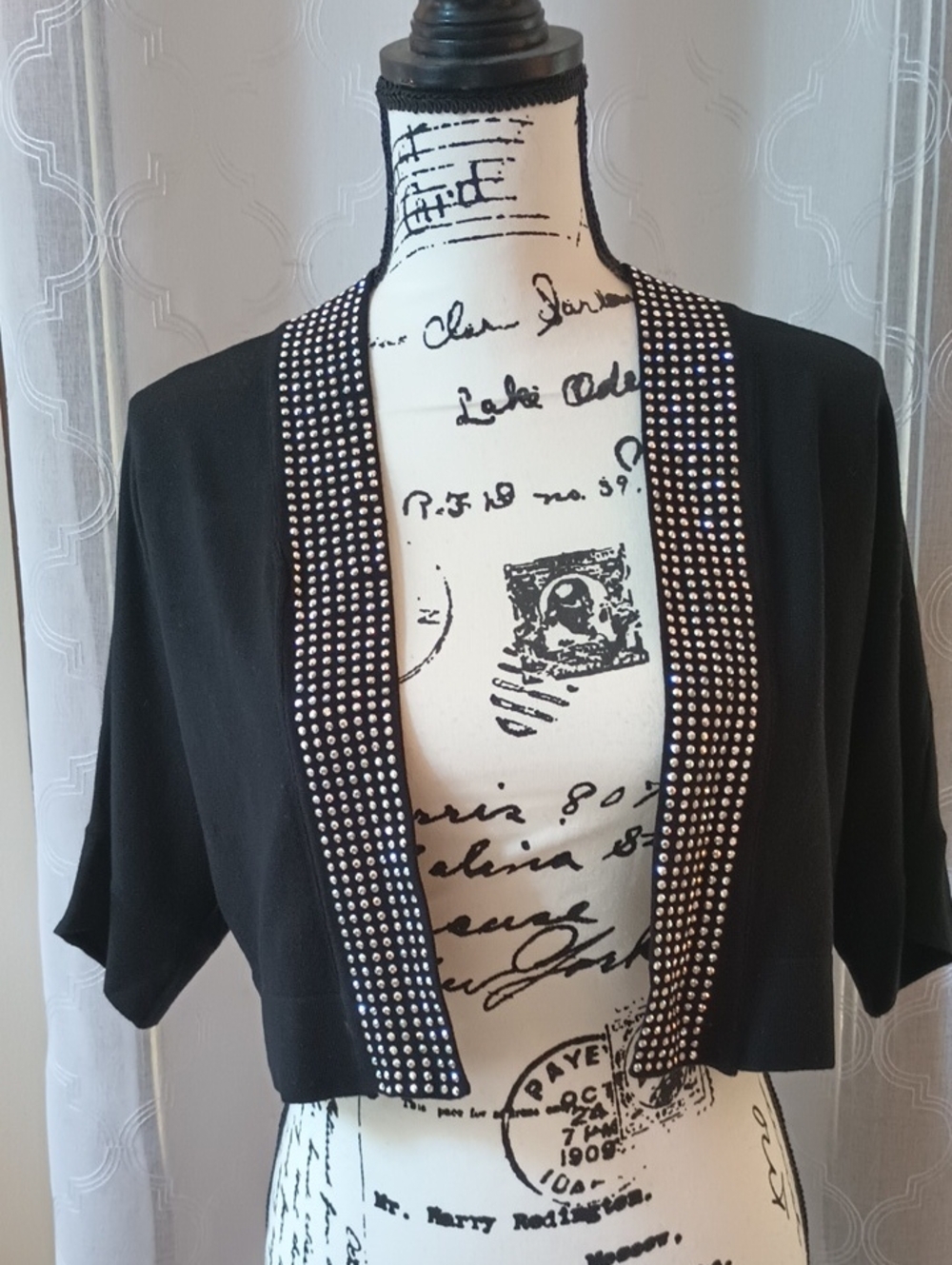 Ronni Nicole Black Open-Front Shrug with Rhinestone Trim